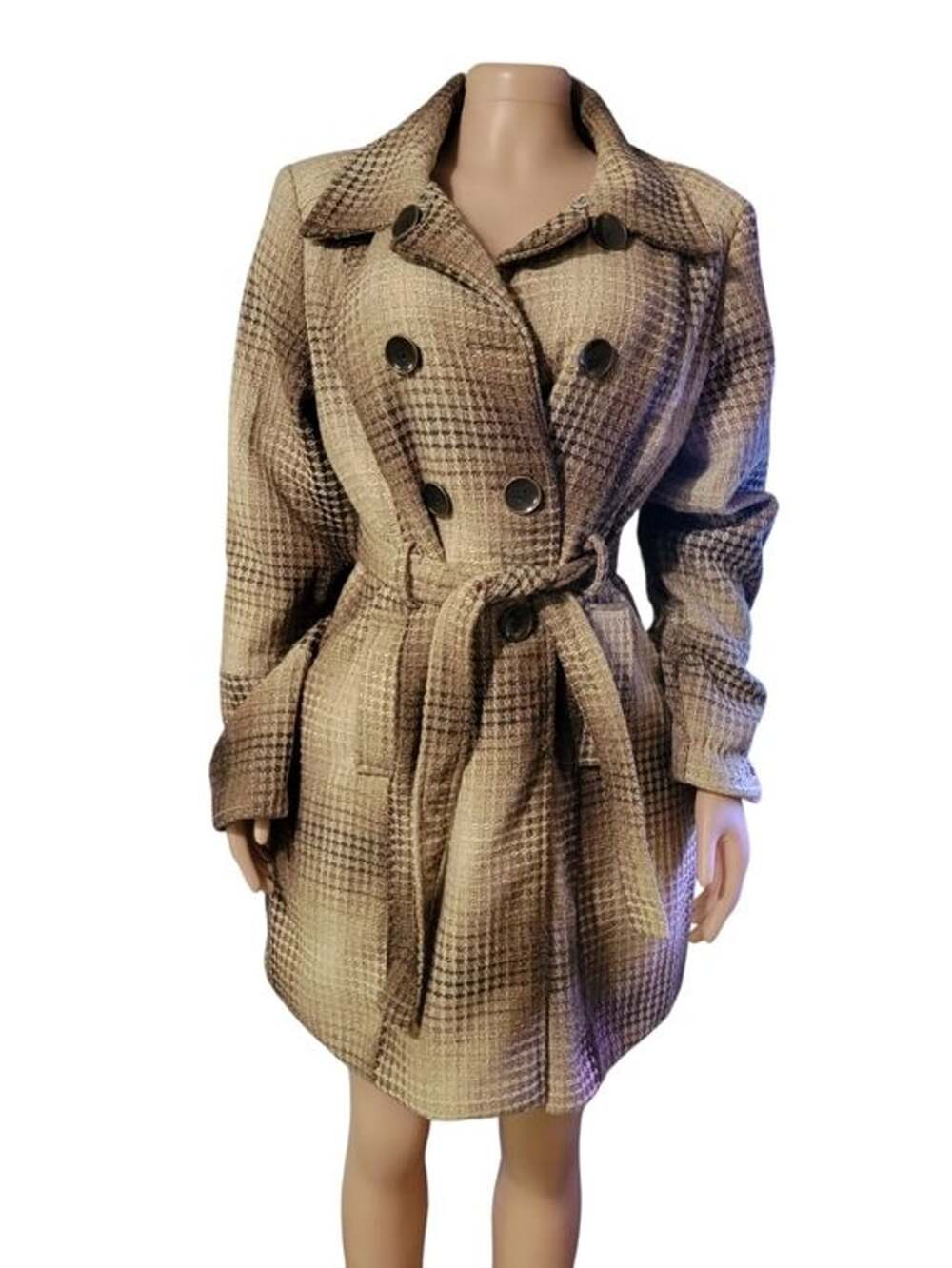 Dots Beige Plaid Double-Breasted Trench Coat with Belt Size L
